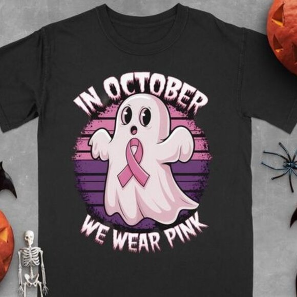 Gildan Other - In October We Wear Pink Ghost T-Shirt, Breast Cancer Awareness Pink Ribbon Tee